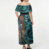 New Zealand Tui Bird Wahaika Off Shoulder Maxi Dress Maori Weapon Paua Shell Koru Pattern LT22 - Polynesian Pride