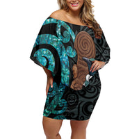 New Zealand Tui Bird Wahaika Off Shoulder Short Dress Maori Weapon Paua Shell Koru Pattern LT22 Women Black - Polynesian Pride