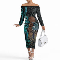New Zealand Tui Bird Wahaika Off The Shoulder Long Sleeve Dress Maori Weapon Paua Shell Koru Pattern LT22 Women Black - Polynesian Pride