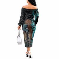 New Zealand Tui Bird Wahaika Off The Shoulder Long Sleeve Dress Maori Weapon Paua Shell Koru Pattern LT22 - Polynesian Pride