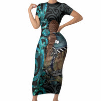 New Zealand Tui Bird Wahaika Short Sleeve Bodycon Dress Maori Weapon Paua Shell Koru Pattern LT22 Long Dress Black - Polynesian Pride