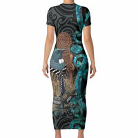 New Zealand Tui Bird Wahaika Short Sleeve Bodycon Dress Maori Weapon Paua Shell Koru Pattern LT22 - Polynesian Pride