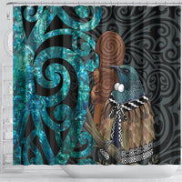 New Zealand Tui Bird Wahaika Shower Curtain Maori Weapon Paua Shell Koru Pattern LT22 - Polynesian Pride