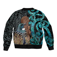 New Zealand Tui Bird Wahaika Sleeve Zip Bomber Jacket Maori Weapon Paua Shell Koru Pattern LT22 - Polynesian Pride
