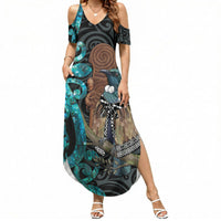 New Zealand Tui Bird Wahaika Summer Maxi Dress Maori Weapon Paua Shell Koru Pattern LT22 Women Black - Polynesian Pride