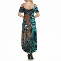 New Zealand Tui Bird Wahaika Summer Maxi Dress Maori Weapon Paua Shell Koru Pattern LT22 - Polynesian Pride