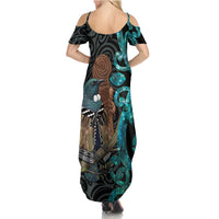 New Zealand Tui Bird Wahaika Summer Maxi Dress Maori Weapon Paua Shell Koru Pattern LT22 - Polynesian Pride