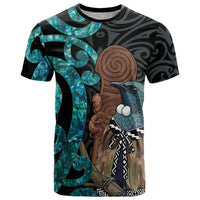 New Zealand Tui Bird Wahaika T Shirt Maori Weapon Paua Shell Koru Pattern LT22 Black - Polynesian Pride