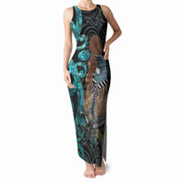 New Zealand Tui Bird Wahaika Tank Maxi Dress Maori Weapon Paua Shell Koru Pattern LT22 Women Black - Polynesian Pride