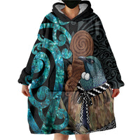 New Zealand Tui Bird Wahaika Wearable Blanket Hoodie Maori Weapon Paua Shell Koru Pattern LT22 - Polynesian Pride