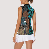 New Zealand Tui Bird Wahaika Women Sleeveless Polo Shirt Maori Weapon Paua Shell Koru Pattern LT22 - Polynesian Pride