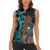 New Zealand Tui Bird Wahaika Women Sleeveless Polo Shirt Maori Weapon Paua Shell Koru Pattern LT22 - Polynesian Pride