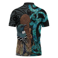 New Zealand Tui Bird Wahaika Zipper Polo Shirt Maori Weapon Paua Shell Koru Pattern LT22 - Polynesian Pride