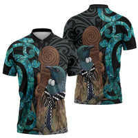 New Zealand Tui Bird Wahaika Zipper Polo Shirt Maori Weapon Paua Shell Koru Pattern LT22 - Polynesian Pride