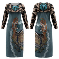 New Zealand Tui Bird Maripi Couples Matching Long Sleeve Bodycon Dress and Hawaiian Shirt Maori Weapon Kowhaiwhai Pattern LT22 - Polynesian Pride