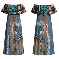 New Zealand Tui Bird Maripi Couples Matching Off Shoulder Maxi Dress and Long Sleeve Button Shirt Maori Weapon Kowhaiwhai Pattern LT22 - Polynesian Pride