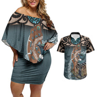 New Zealand Tui Bird Maripi Couples Matching Off Shoulder Short Dress and Hawaiian Shirt Maori Weapon Kowhaiwhai Pattern LT22 Slate Blue - Polynesian Pride