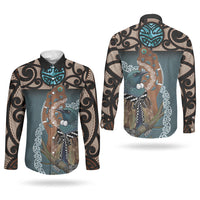 New Zealand Tui Bird Maripi Couples Matching Off Shoulder Short Dress and Long Sleeve Button Shirt Maori Weapon Kowhaiwhai Pattern LT22 - Polynesian Pride
