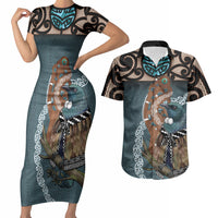 New Zealand Tui Bird Maripi Couples Matching Short Sleeve Bodycon Dress and Hawaiian Shirt Maori Weapon Kowhaiwhai Pattern LT22 Slate Blue - Polynesian Pride