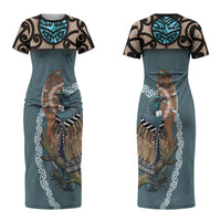 New Zealand Tui Bird Maripi Couples Matching Short Sleeve Bodycon Dress and Long Sleeve Button Shirt Maori Weapon Kowhaiwhai Pattern LT22 - Polynesian Pride