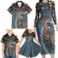 New Zealand Tui Bird Maripi Family Matching Long Sleeve Bodycon Dress and Hawaiian Shirt Maori Weapon Kowhaiwhai Pattern LT22 - Polynesian Pride