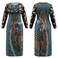 New Zealand Tui Bird Maripi Family Matching Long Sleeve Bodycon Dress and Hawaiian Shirt Maori Weapon Kowhaiwhai Pattern LT22 Mom's Dress Slate Blue - Polynesian Pride