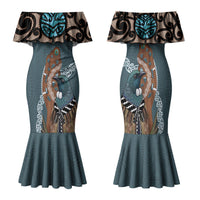 New Zealand Tui Bird Maripi Family Matching Mermaid Dress and Hawaiian Shirt Maori Weapon Kowhaiwhai Pattern LT22 Mom's Dress Slate Blue - Polynesian Pride