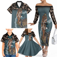 New Zealand Tui Bird Maripi Family Matching Off The Shoulder Long Sleeve Dress and Hawaiian Shirt Maori Weapon Kowhaiwhai Pattern LT22 - Polynesian Pride