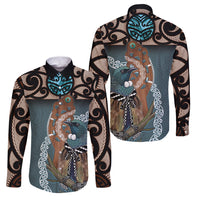 New Zealand Tui Bird Maripi Family Matching Puletasi and Hawaiian Shirt Maori Weapon Kowhaiwhai Pattern LT22 Dad's Shirt - Long Sleeve Slate Blue - Polynesian Pride