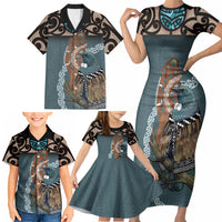 New Zealand Tui Bird Maripi Family Matching Short Sleeve Bodycon Dress and Hawaiian Shirt Maori Weapon Kowhaiwhai Pattern LT22 - Polynesian Pride