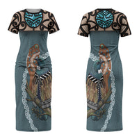 New Zealand Tui Bird Maripi Family Matching Short Sleeve Bodycon Dress and Hawaiian Shirt Maori Weapon Kowhaiwhai Pattern LT22 Mom's Dress Slate Blue - Polynesian Pride