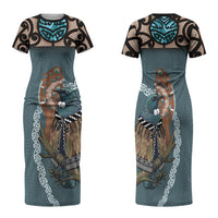 New Zealand Tui Bird Maripi Family Matching Short Sleeve Bodycon Dress and Hawaiian Shirt Maori Weapon Kowhaiwhai Pattern LT22 Mom's Dress Slate Blue - Polynesian Pride