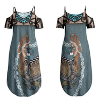 New Zealand Tui Bird Maripi Family Matching Summer Maxi Dress and Hawaiian Shirt Maori Weapon Kowhaiwhai Pattern LT22 Mom's Dress Slate Blue - Polynesian Pride