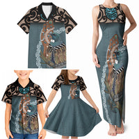 New Zealand Tui Bird Maripi Family Matching Tank Maxi Dress and Hawaiian Shirt Maori Weapon Kowhaiwhai Pattern LT22 - Polynesian Pride