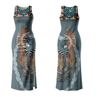 New Zealand Tui Bird Maripi Family Matching Tank Maxi Dress and Hawaiian Shirt Maori Weapon Kowhaiwhai Pattern LT22 Mom's Dress Slate Blue - Polynesian Pride