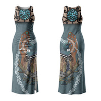New Zealand Tui Bird Maripi Family Matching Tank Maxi Dress and Hawaiian Shirt Maori Weapon Kowhaiwhai Pattern LT22 Mom's Dress Slate Blue - Polynesian Pride