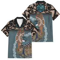 New Zealand Tui Bird Maripi Family Matching Tank Maxi Dress and Hawaiian Shirt Maori Weapon Kowhaiwhai Pattern LT22 Dad's Shirt - Short Sleeve Slate Blue - Polynesian Pride