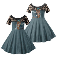 New Zealand Tui Bird Maripi Family Matching Tank Maxi Dress and Hawaiian Shirt Maori Weapon Kowhaiwhai Pattern LT22 Daughter's Dress Slate Blue - Polynesian Pride