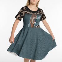 New Zealand Tui Bird Maripi Kid Short Sleeve Dress Maori Weapon Kowhaiwhai Pattern LT22 - Polynesian Pride