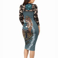 New Zealand Tui Bird Maripi Long Sleeve Bodycon Dress Maori Weapon Kowhaiwhai Pattern LT22 - Polynesian Pride