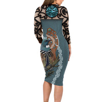 New Zealand Tui Bird Maripi Long Sleeve Bodycon Dress Maori Weapon Kowhaiwhai Pattern LT22 - Polynesian Pride