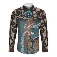 New Zealand Tui Bird Maripi Long Sleeve Button Shirt Maori Weapon Kowhaiwhai Pattern LT22 Unisex Slate Blue - Polynesian Pride