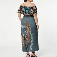 New Zealand Tui Bird Maripi Off Shoulder Maxi Dress Maori Weapon Kowhaiwhai Pattern LT22 - Polynesian Pride