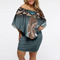 New Zealand Tui Bird Maripi Off Shoulder Short Dress Maori Weapon Kowhaiwhai Pattern LT22 Women Slate Blue - Polynesian Pride