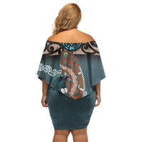 New Zealand Tui Bird Maripi Off Shoulder Short Dress Maori Weapon Kowhaiwhai Pattern LT22 - Polynesian Pride