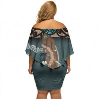 New Zealand Tui Bird Maripi Off Shoulder Short Dress Maori Weapon Kowhaiwhai Pattern LT22 - Polynesian Pride
