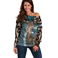New Zealand Tui Bird Maripi Off Shoulder Sweater Maori Weapon Kowhaiwhai Pattern LT22 Women Slate Blue - Polynesian Pride
