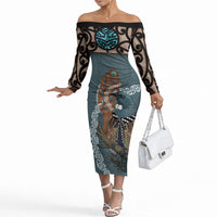 New Zealand Tui Bird Maripi Off The Shoulder Long Sleeve Dress Maori Weapon Kowhaiwhai Pattern LT22 Women Slate Blue - Polynesian Pride
