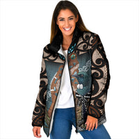 New Zealand Tui Bird Maripi Padded Jacket Maori Weapon Kowhaiwhai Pattern LT22 Women Slate Blue - Polynesian Pride