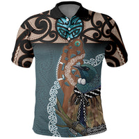 New Zealand Tui Bird Maripi Polo Shirt Maori Weapon Kowhaiwhai Pattern LT22 Slate Blue - Polynesian Pride